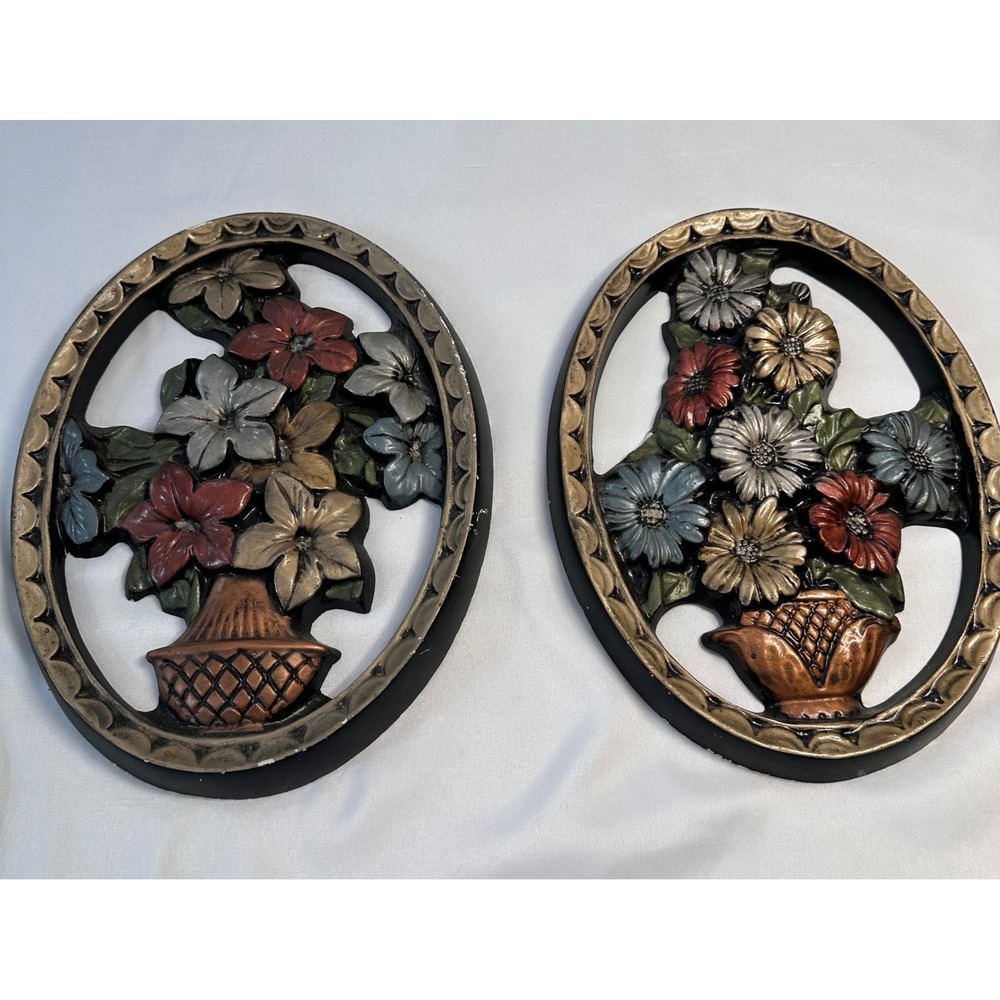 Vintage Mid Century Chalkware Wall Plaques Oval Flowers
Bouquet Basket Set of 2
